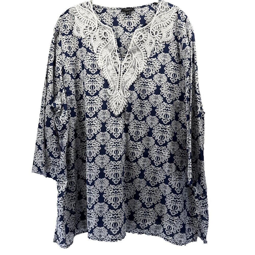 Talbots Women's Top Plus 3Xp Blue White Paisley 3/4 Sleeve Pullover Popover Lace